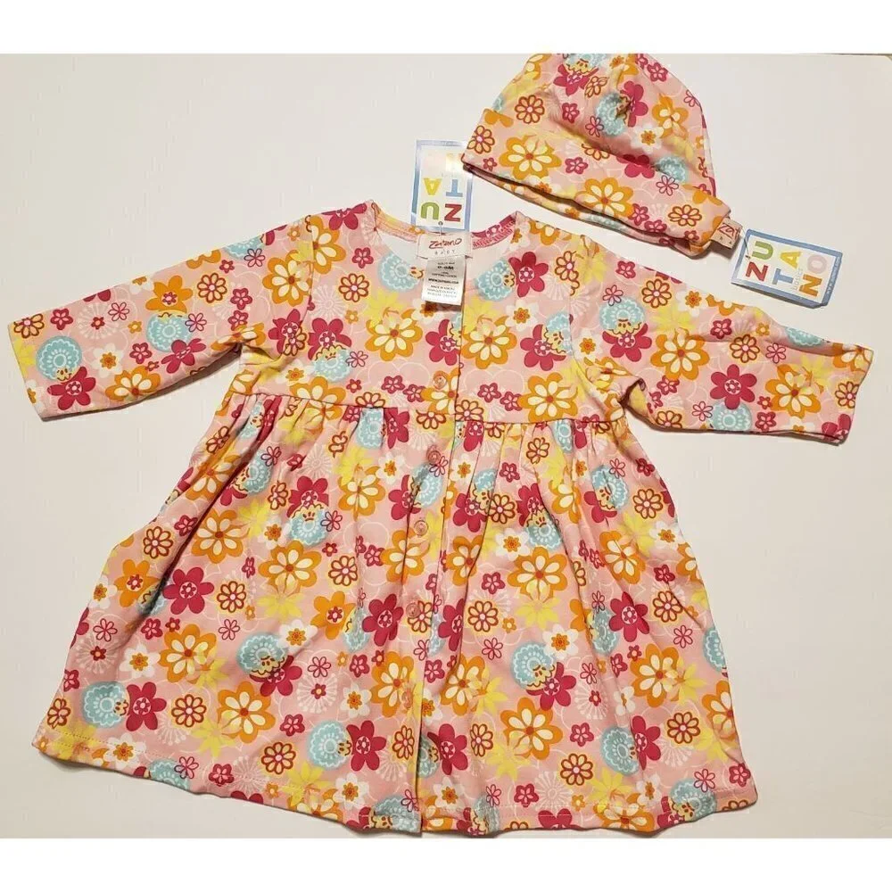 Zutano baby girl 0-6 months long sleeve floral dress and hat